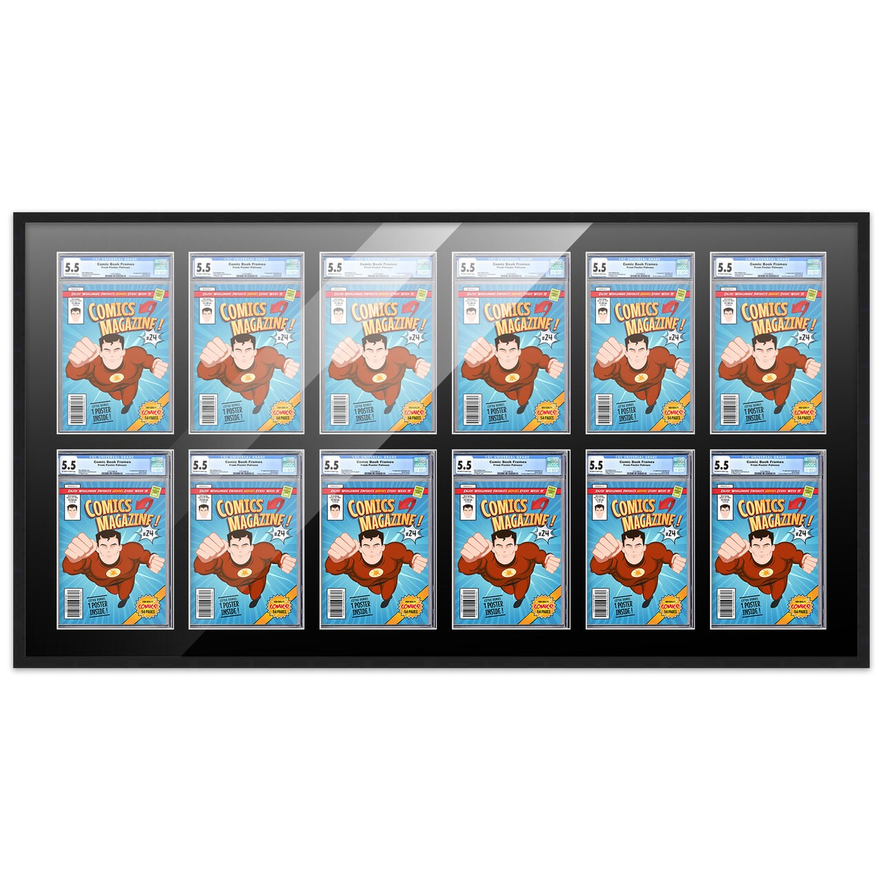 Comic Book Display Frame for CGC, PGX Graded, Slabed Comics - Black Wood Comic Frame With Black Mat for 8.125x13 Comics, 18 Frame Sizes